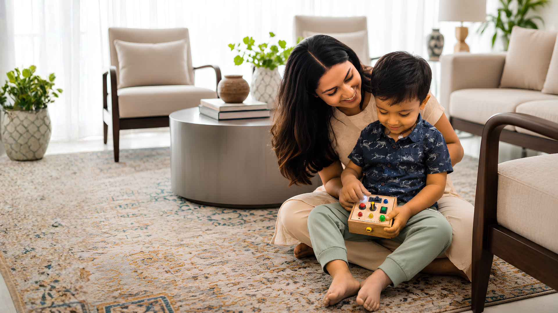 A mother and toddler son smiling together while exploring the WowPlay Click wooden sound busyboard on a living room rug