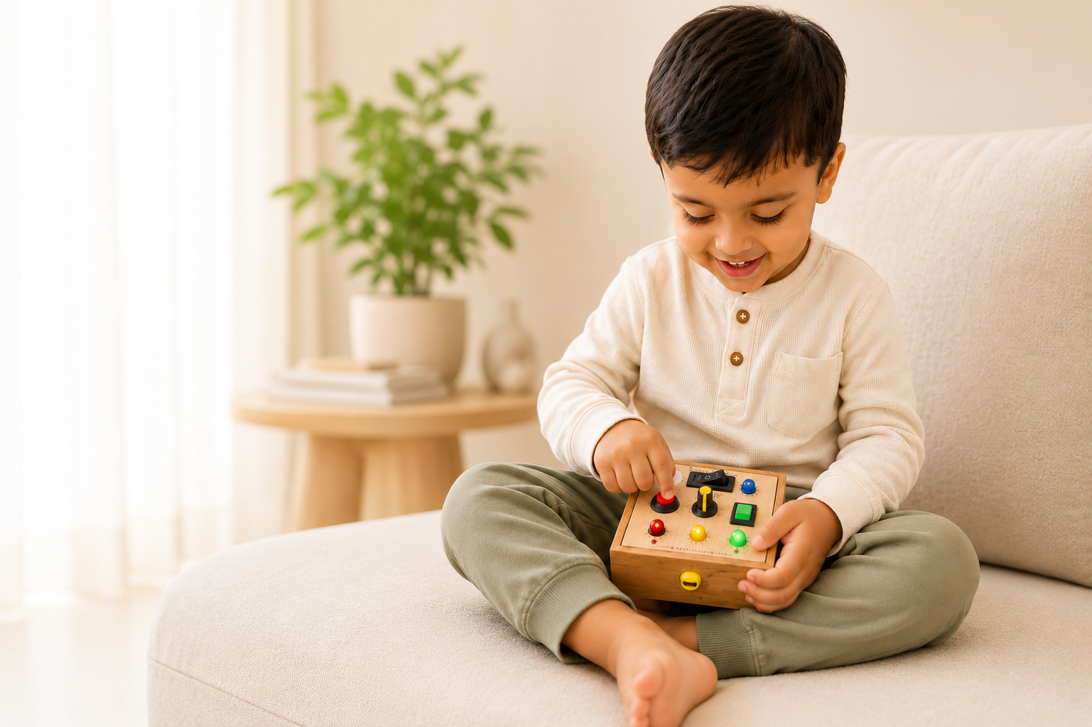 Toddler sitting cross-legged on a sofa, happily pressing buttons on the WowPlay Click wooden busyboard