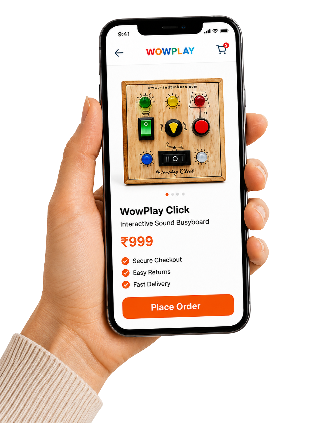 Phone mockup showing the WowPlay Click product page with a Place Order button
