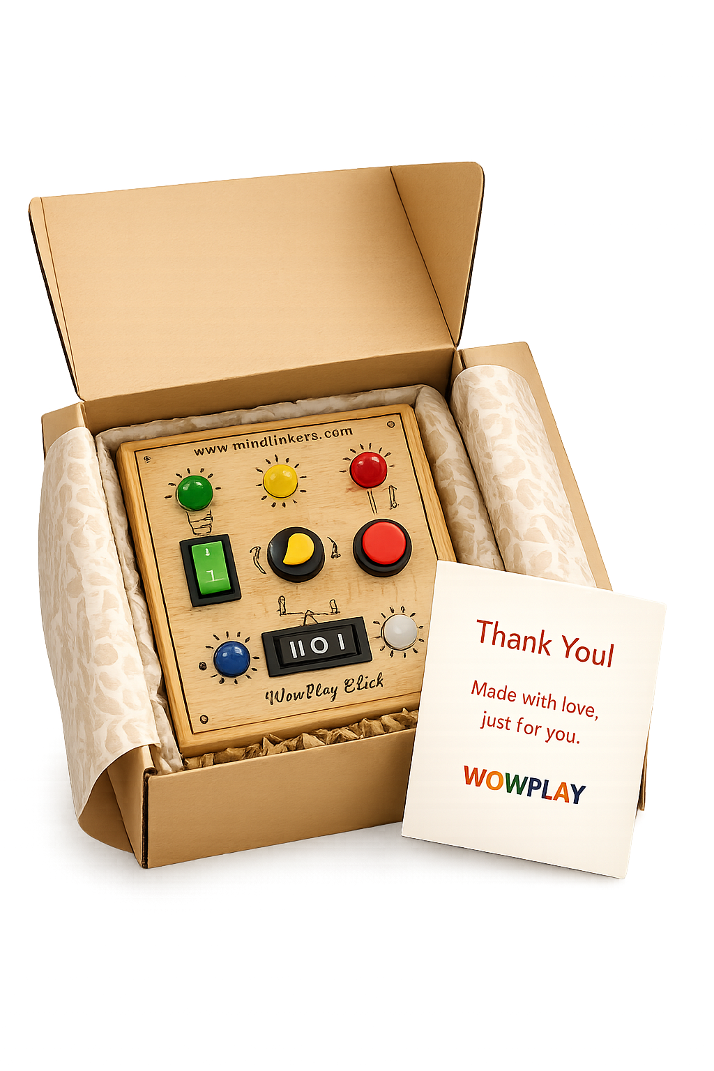 WowPlay Click packaged in a gift box with a handwritten thank-you card