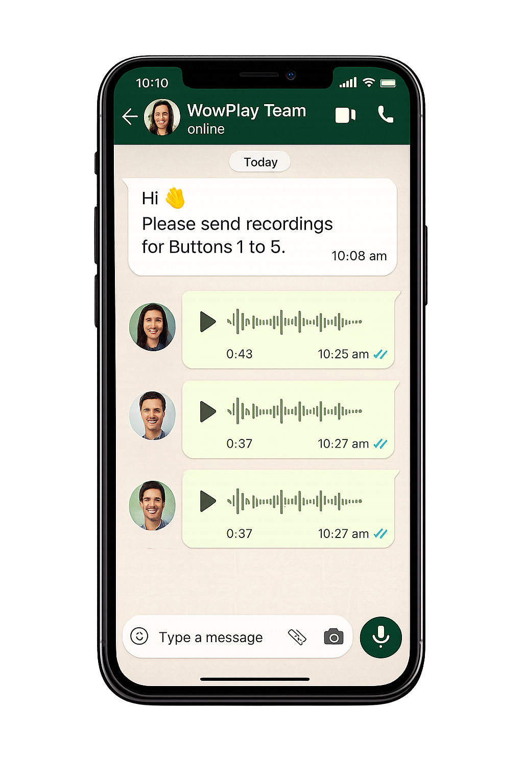 Phone mockup of a WhatsApp chat with the WowPlay team requesting sound recordings